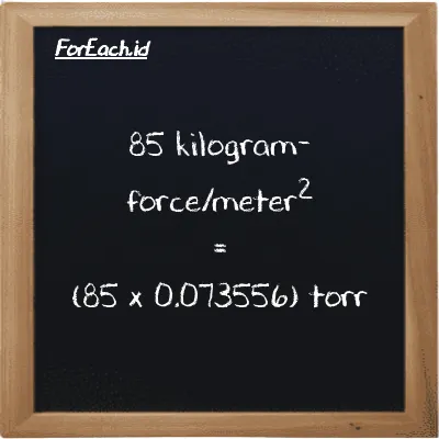 How to convert kilogram-force/meter<sup>2</sup> to torr: 85 kilogram-force/meter<sup>2</sup> (kgf/m<sup>2</sup>) is equivalent to 85 times 0.073556 torr (torr)
